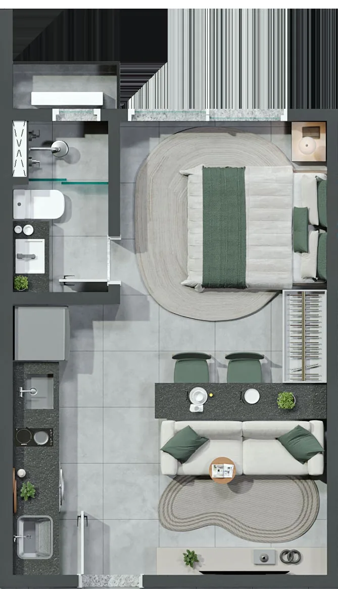Planta humanizada do studio do ORB. Residence